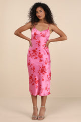Glamorous Efforts Hot Pink Floral Print Tie-Back Midi Dress