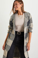 Cuddle Club Beige and Black Plaid Long Sleeve Coatigan