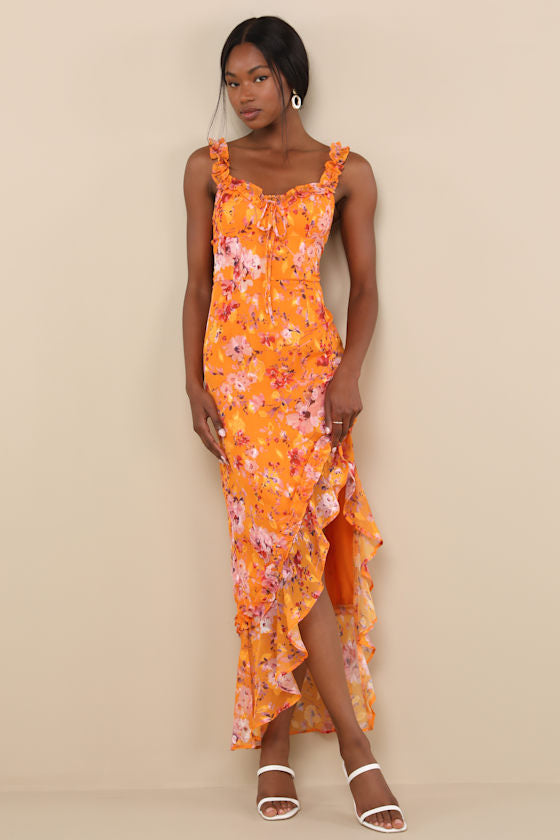 Lovable Spirit Orange Floral Burnout Ruffled High-Low Maxi Dress