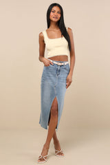 Josepha Light Yellow Ribbed Knit Ruffled Crop Tank Top