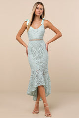 Won Your Heart Sage Green Lace Tie-Strap High-Low Midi Dress