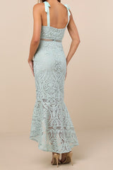 Won Your Heart Sage Green Lace Tie-Strap High-Low Midi Dress