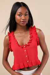 Smiling Sweetie Bright Red Knit Ruffled Sleeveless Sweater Top