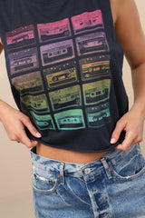 Cassette Black Multi Graphic Muscle Crop Tank Top