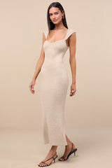Chiara Beige Ribbed Knit Cap Sleeve Midi Dress