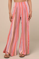 Split Spirit Multi Boho Print Wide-Leg Slit-Front Pants