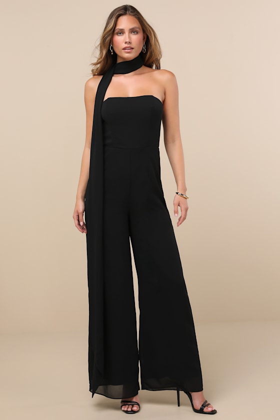 Kavina Black Wide-Leg Jumpsuit and Scarf Set