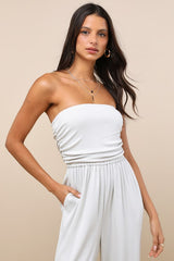 Flawless Comfort Bone Ruched Strapless Jogger Jumpsuit