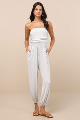 Flawless Comfort Bone Ruched Strapless Jogger Jumpsuit
