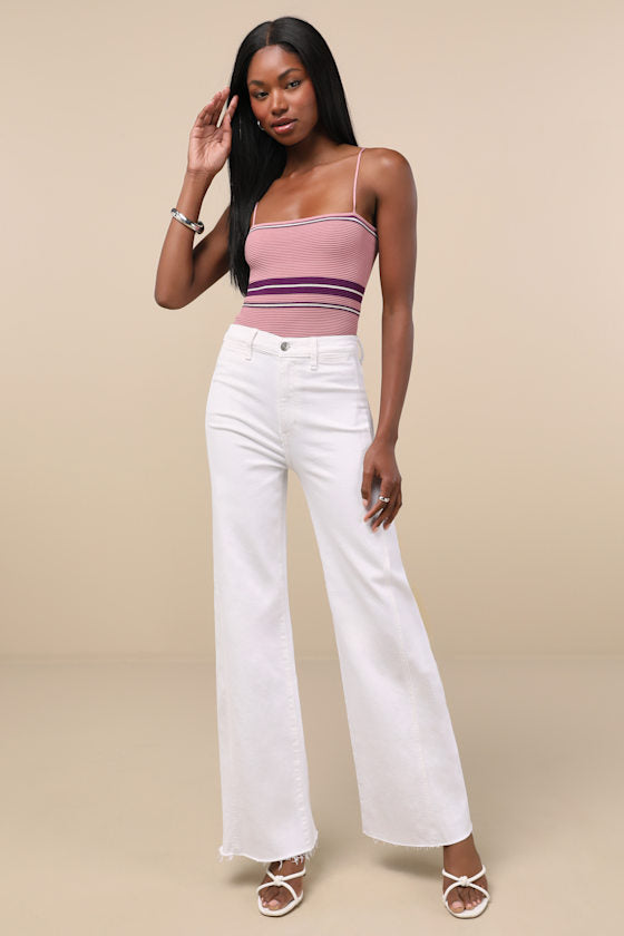 Far Out White Wide-Leg Seamed Raw Hem High-Rise Jeans