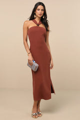 Calessia Rust Brown Linen Halter Neck Midi Dress