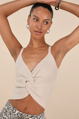 Melika Beige Ribbed Knotted Crop Tank Top