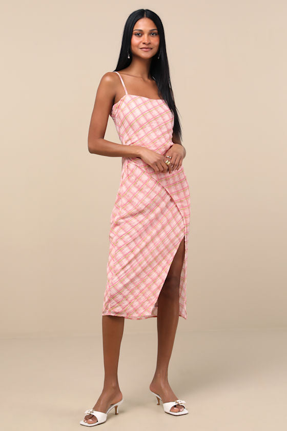 Jenise Pink Plaid Faux-Wrap Midi Dress