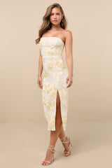 Kattalin Cream Floral Applique Strapless Midi Dress