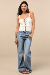 Annelie Cream Textured Knit Lace-Up Tank Top