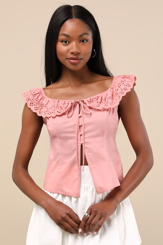 Alesana Peach Pink Eyelet Embroidered Button-Front Top