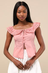 Alesana Peach Pink Eyelet Embroidered Button-Front Top
