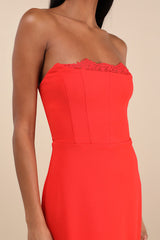 Memorably Iconic Red Strapless Lace Bustier Maxi Dress