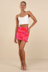 Mideia Pink Floral Mesh Ruched Ruffled Mini Skirt