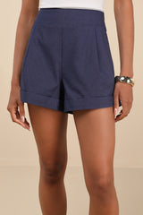 Marieke Navy Pleated High-Rise Shorts