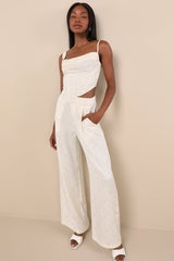 Karee Ivory Satin High-Rise Trousers