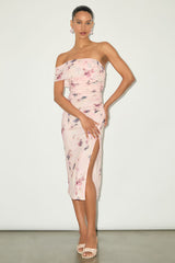 Jayleen Light Pink Floral Mesh One-Shoulder Midi Dress