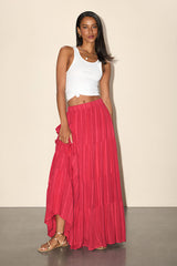 Sunset by the Sea Coral Red Embroidered Tiered Maxi Skirt