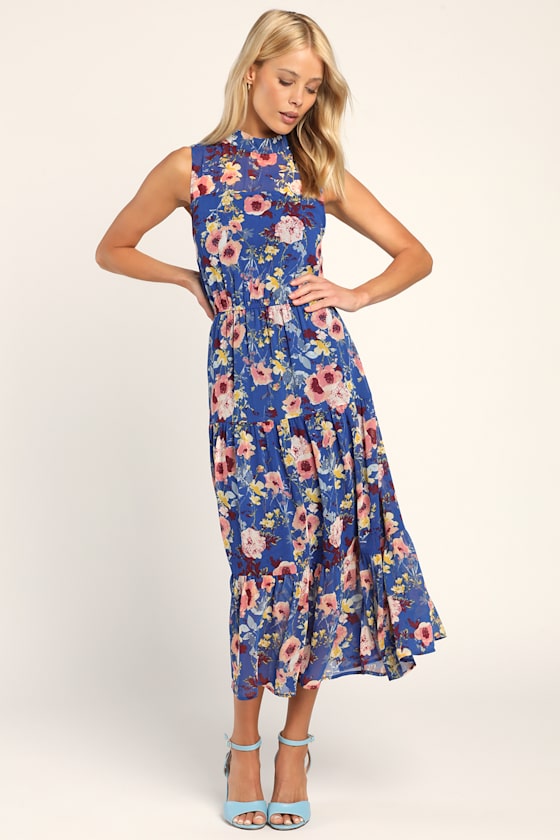 In My Dreams Blue Floral Print Midi Dress