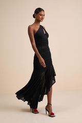 Marcellina Black Mesh Ruched One-Shoulder Maxi Dress