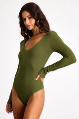 Easygoing Chic Olive Green Long Sleeve Bodysuit