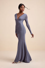 Georgina Slate Blue Jersey Knit Ruched Mermaid Maxi Dress