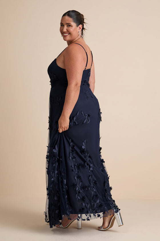 Abundant Charm Navy Blue 3D Floral Applique Maxi Dress
