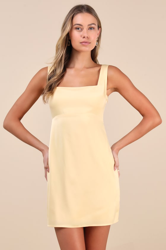 Truly the Cutest Light Yellow Satin Square Neck Mini Dress