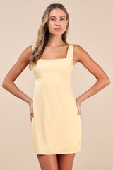 Truly the Cutest Light Yellow Satin Square Neck Mini Dress