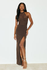 Baani Dark Brown Column Halter Maxi Dress