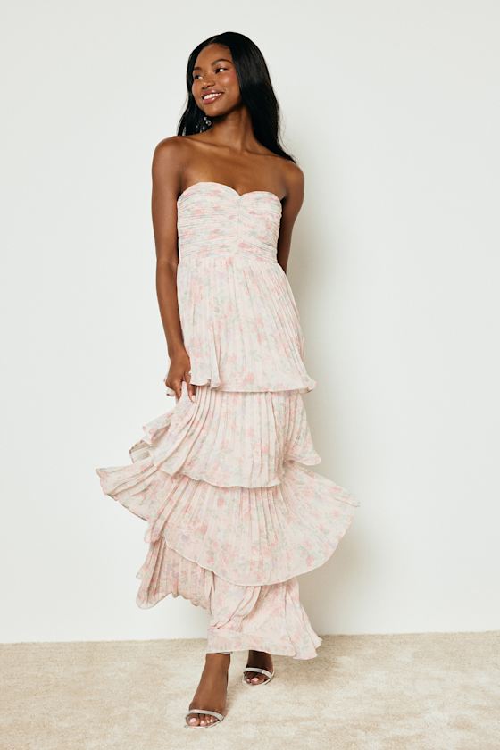 Seriously Sensational Blush Floral Strapless Tiered Maxi Dress