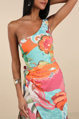 Hilinai Blue Multi Tropical Print Wrap Midi Dress
