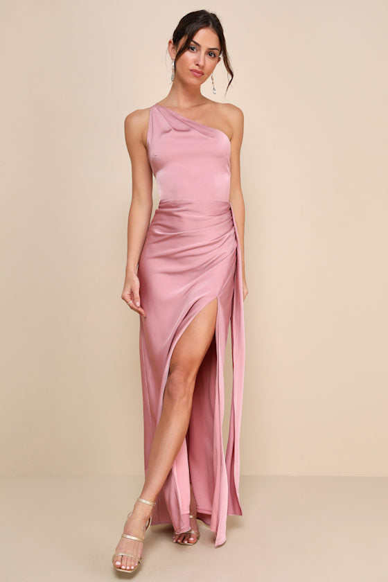 Signature Elegance Rose Satin One-Shoulder Maxi Dress