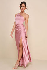 Signature Elegance Rose Satin One-Shoulder Maxi Dress