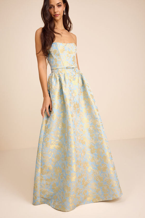 Bradshaw Light Blue and Yellow Floral Jacquard Maxi Dress
