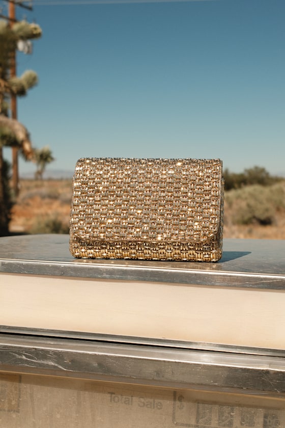 Stunning Glow Gold Beaded Rectangular Mini Clutch