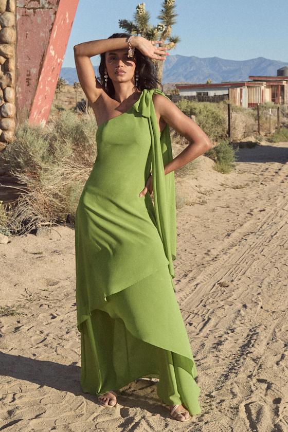 Camellia Bright Green One-Shoulder Bow Maxi Dress