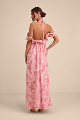 Amia Pink Floral Burnout Ruffled Shift Maxi Dress