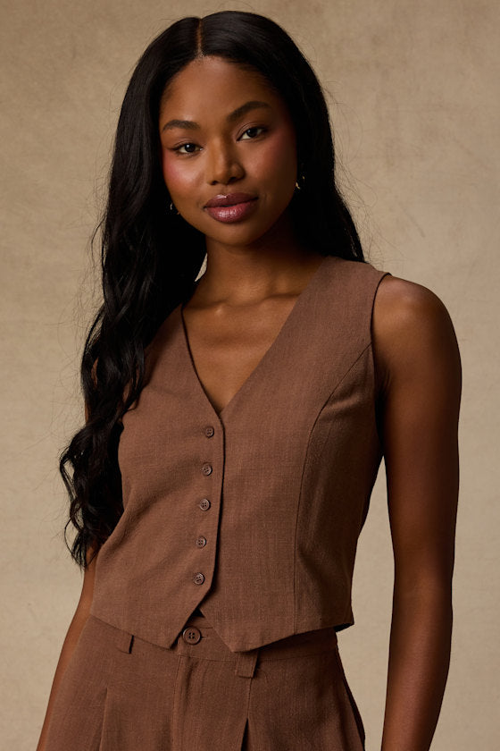 Suits You Perfectly Brown Linen Vest