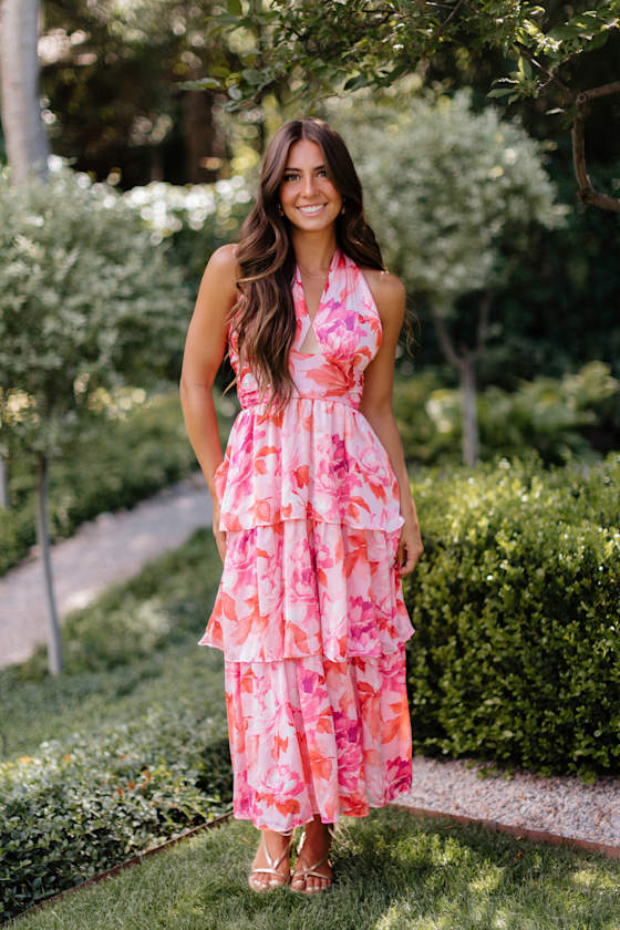 Ashlyn Pink Floral Tiered Midi Dress