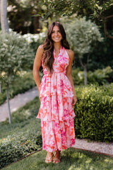 Ashlyn Pink Floral Tiered Midi Dress