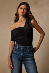 Rainey Black Jersey Knit Asymmetrical Bodysuit
