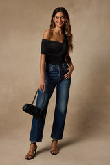 Rainey Black Jersey Knit Asymmetrical Bodysuit