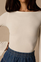 Maelis Ivory Ribbed Knit Long Sleeve Boat Neck Top