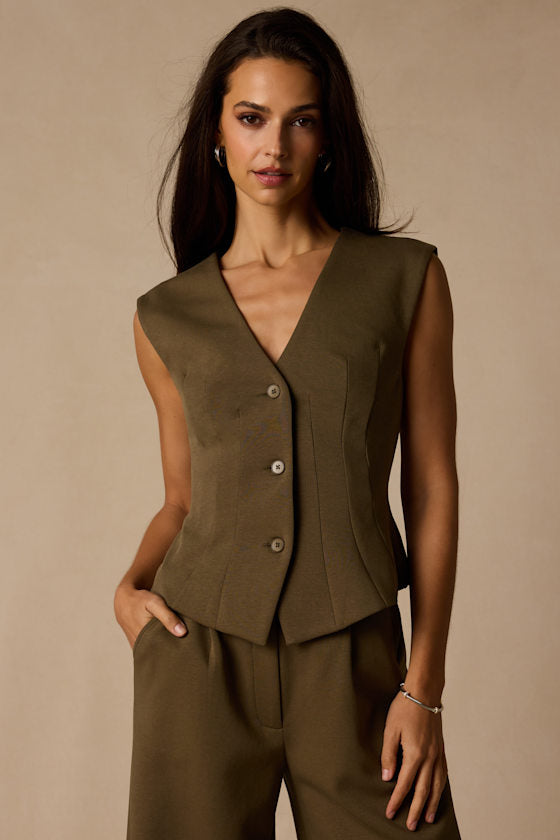 Greta Olive Button-Up Vest Top